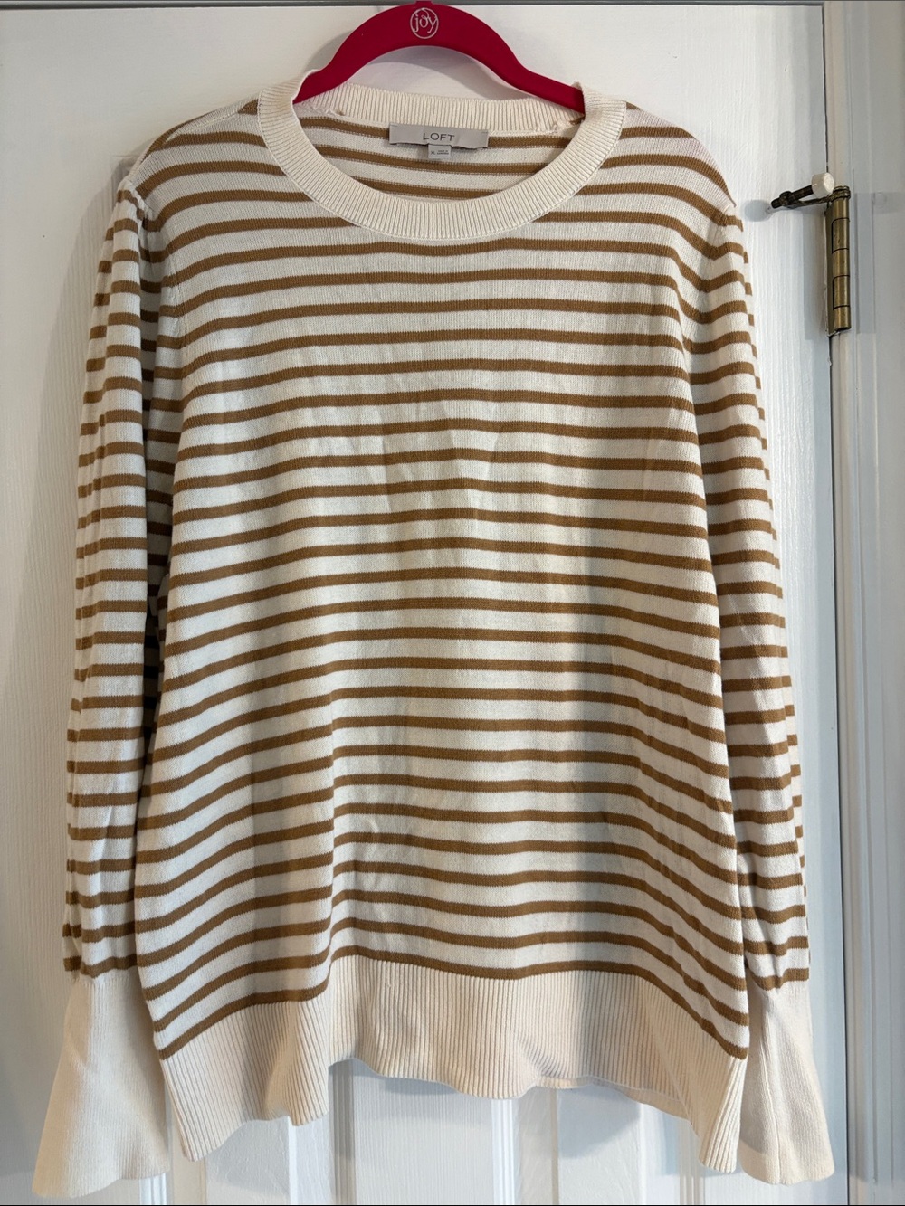 LOFT Cream and Tan Striped Scoop-Neck Sweater
